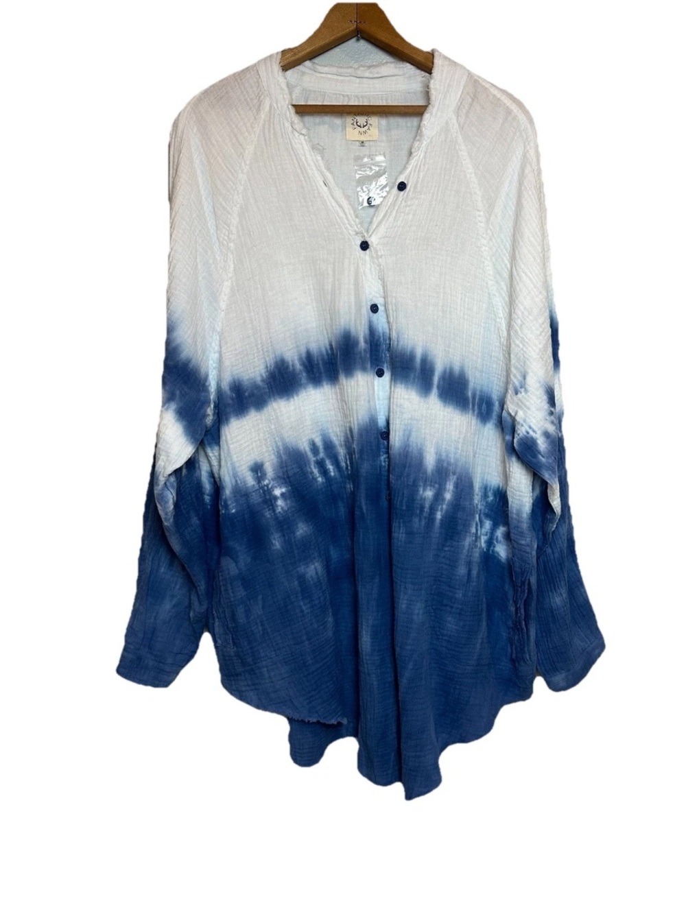 Fantastic Fawn Oversize M Gauzy Cotton Shirt Swim Cover-up White Blue Tie-Dye